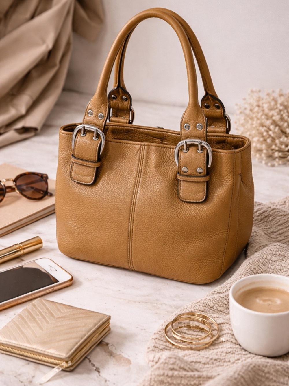 Tignanello Tan Pebbled Leather Shoulder Bag Buckle Everyday bag